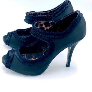 Betsey Johnson | Black Satin Ruffle Peep Toe Heels | Size 9